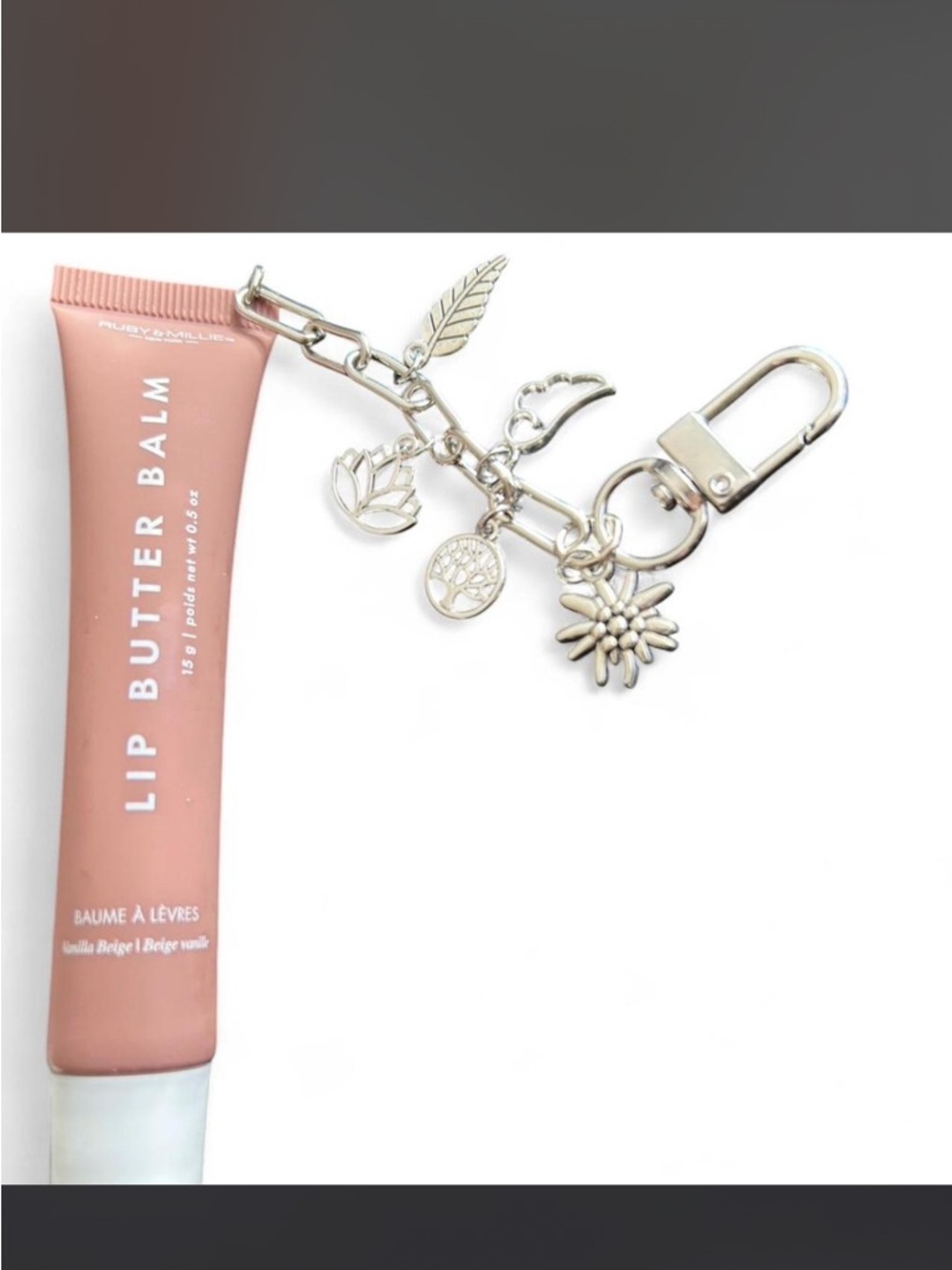 Ruby&Millie Vanilla Beige Lip Butter Balm Silver Keychain